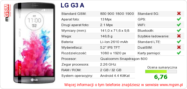 Dane telefonu LG G3 A
