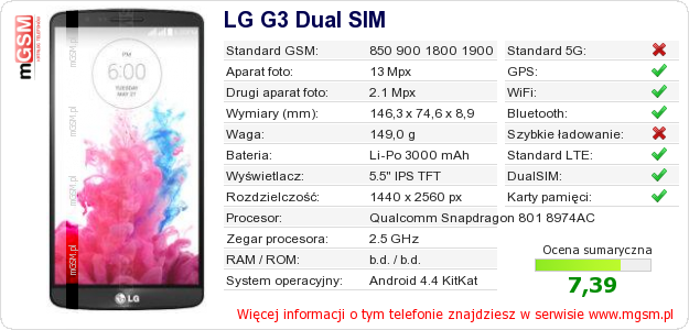 Dane telefonu LG G3 Dual SIM Dane telefonu LG G3 Dual SIM