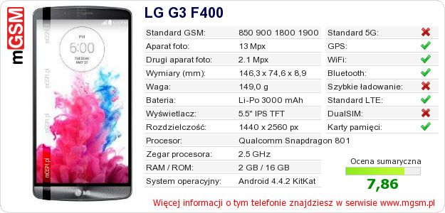 Dane telefonu LG G3 F400 Dane telefonu LG G3 F400