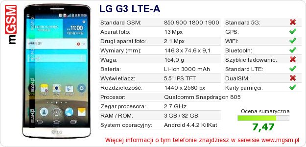 Dane telefonu LG G3 LTE-A