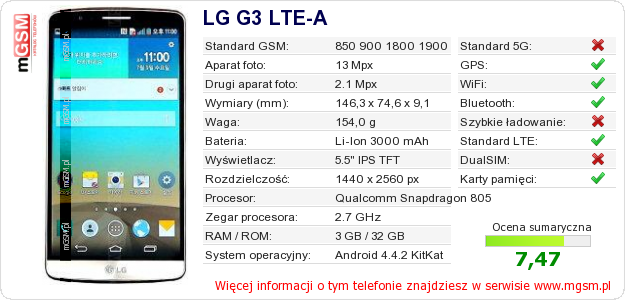 Dane telefonu LG G3 LTE-A