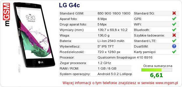 Dane telefonu LG G4c Dane telefonu LG G4c