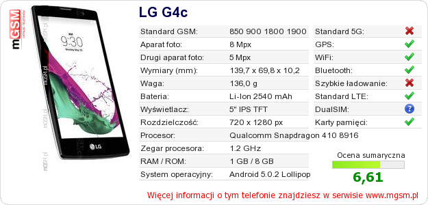 Dane telefonu LG G4c