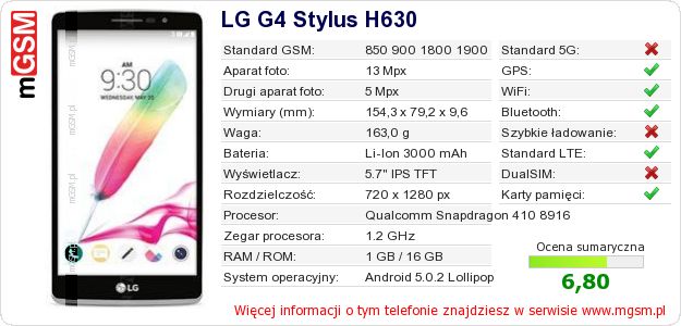 Dane telefonu LG G4 Stylus H630 Dane telefonu LG G4 Stylus H630