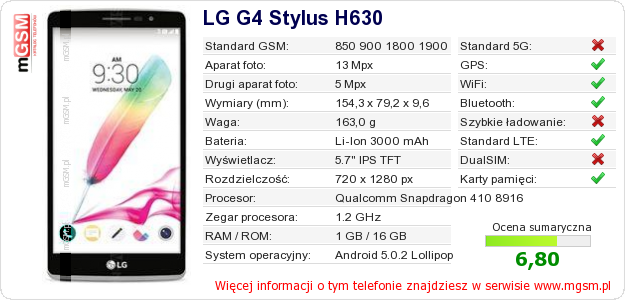 Dane telefonu LG G4 Stylus H630