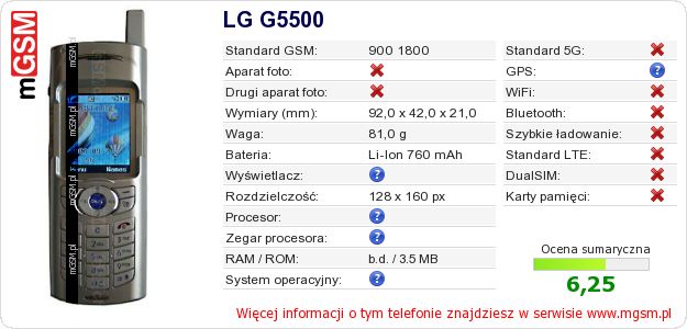 Dane telefonu LG G5500