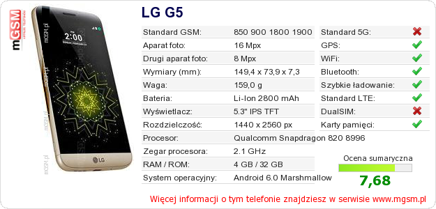 Dane telefonu LG G5