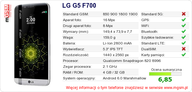 Dane telefonu LG G5 F700