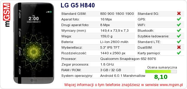 Dane telefonu LG G5 H840