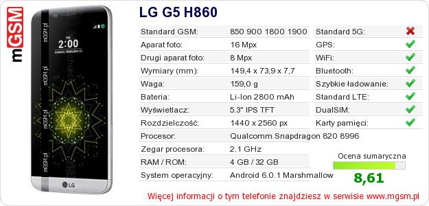 Dane telefonu LG G5 H860 Dane telefonu LG G5 H860
