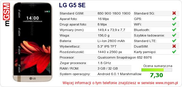 Dane telefonu LG G5 SE