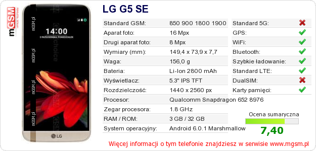 Dane telefonu LG G5 SE