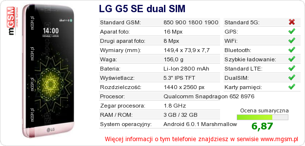 Dane telefonu LG G5 SE dual SIM