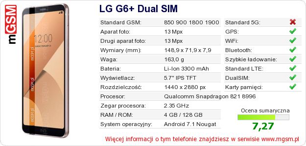 Dane telefonu LG G6+ Dual SIM