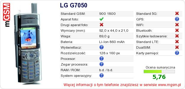 Dane telefonu LG G7050