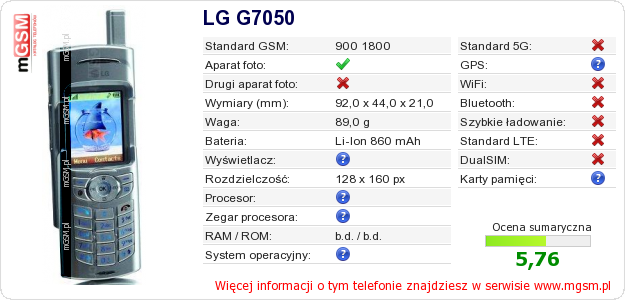 Dane telefonu LG G7050