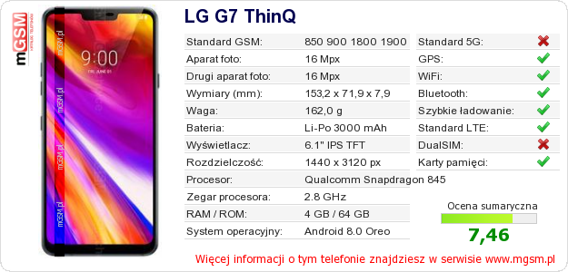 Dane telefonu LG G7 ThinQ