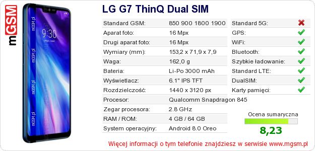 Dane telefonu LG G7 ThinQ Dual SIM