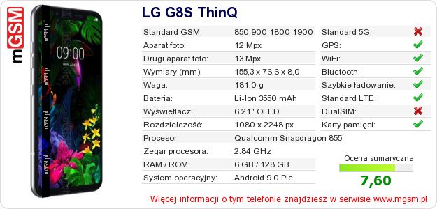 Dane telefonu LG G8S ThinQ Dane telefonu LG G8S ThinQ