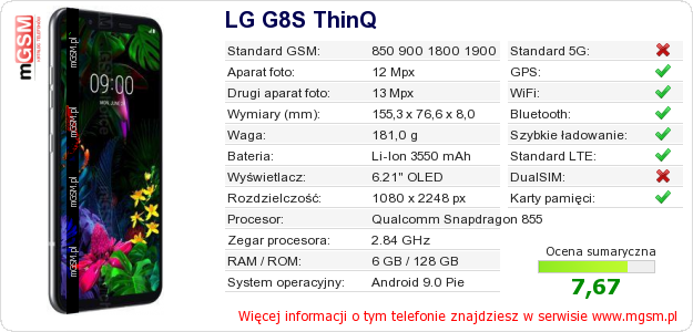 Dane telefonu LG G8S ThinQ Dane telefonu LG G8S ThinQ