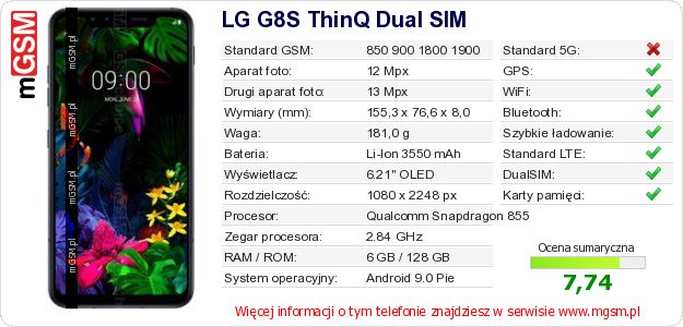 Dane telefonu LG G8S ThinQ Dual SIM Dane telefonu LG G8S ThinQ Dual SIM