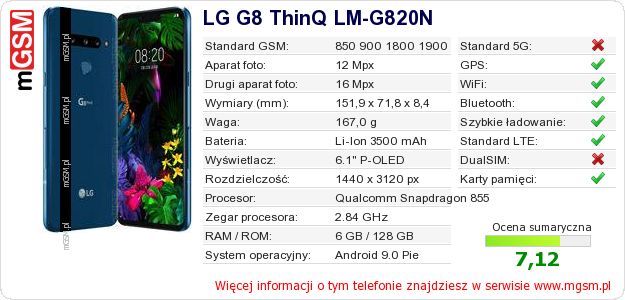 Dane telefonu LG G8 ThinQ LM-G820N Dane telefonu LG G8 ThinQ LM-G820N