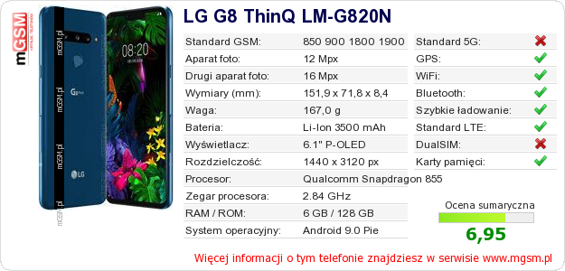 Dane telefonu LG G8 ThinQ LM-G820N