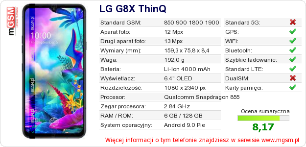 Dane telefonu LG G8X ThinQ