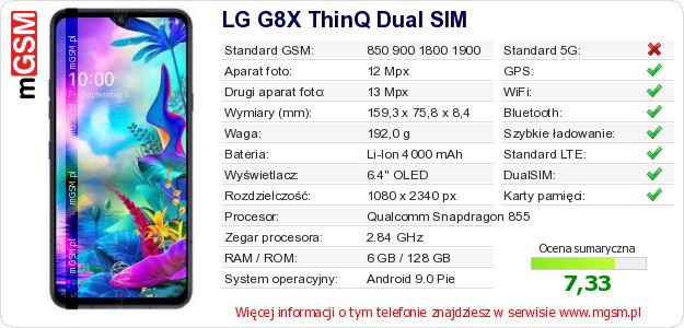 Dane telefonu LG G8X ThinQ Dual SIM Dane telefonu LG G8X ThinQ Dual SIM