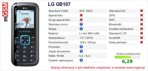 Dane telefonu LG GB107