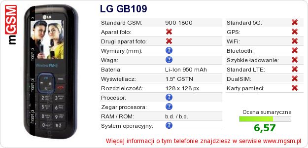 Dane telefonu LG GB109
