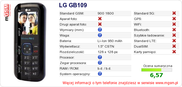 Dane telefonu LG GB109 Dane telefonu LG GB109