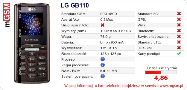 Dane telefonu LG GB110 Dane telefonu LG GB110