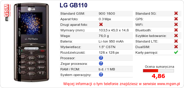 Dane telefonu LG GB110 Dane telefonu LG GB110