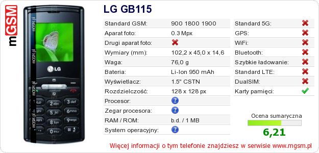 Dane telefonu LG GB115 Dane telefonu LG GB115