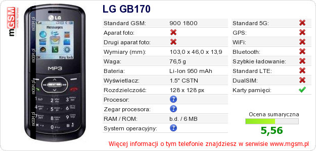 Dane telefonu LG GB170 Dane telefonu LG GB170