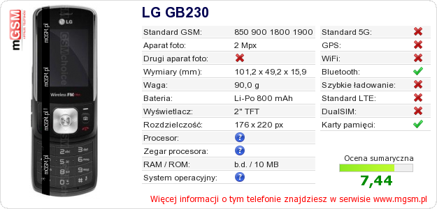 Dane telefonu LG GB230 Dane telefonu LG GB230