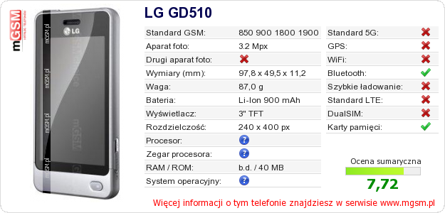 Dane telefonu LG GD510 Dane telefonu LG GD510