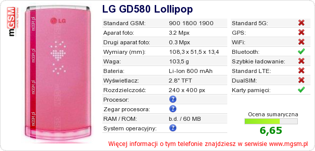 Dane telefonu LG GD580 Lollipop