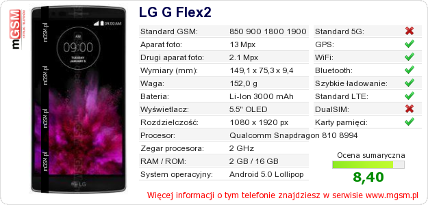 Dane telefonu LG G Flex2
