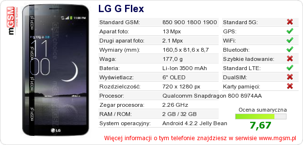 Dane telefonu LG G Flex