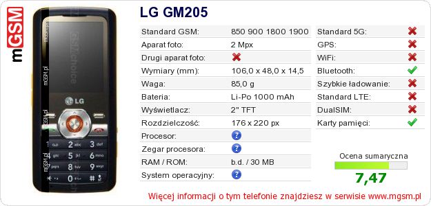 Dane telefonu LG GM205 Dane telefonu LG GM205