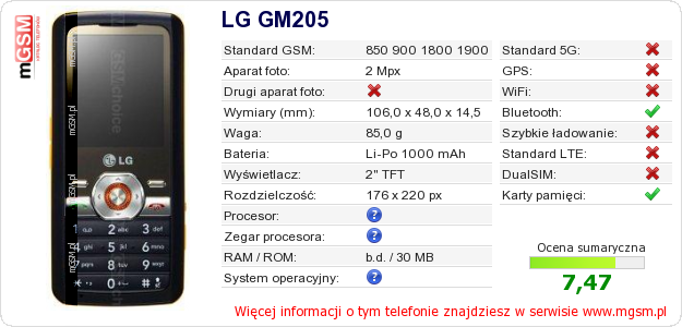 Dane telefonu LG GM205 Dane telefonu LG GM205