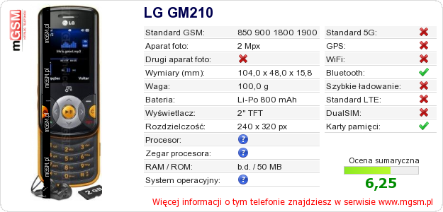 Dane telefonu LG GM210 Dane telefonu LG GM210
