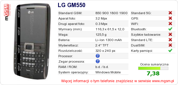 Dane telefonu LG GM550