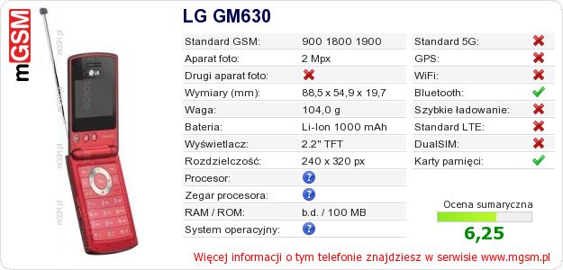 Dane telefonu LG GM630 Dane telefonu LG GM630