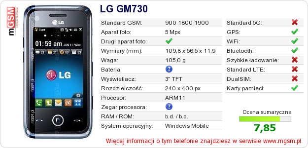 Dane telefonu LG GM730 Dane telefonu LG GM730