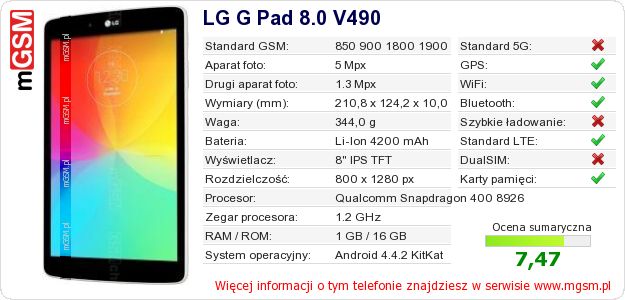 Dane telefonu LG G Pad 8.0 V490