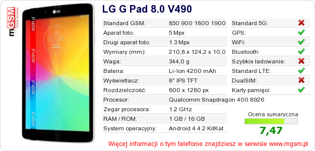 Dane telefonu LG G Pad 8.0 V490