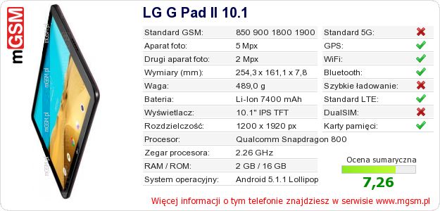 Dane telefonu LG G Pad II 10.1